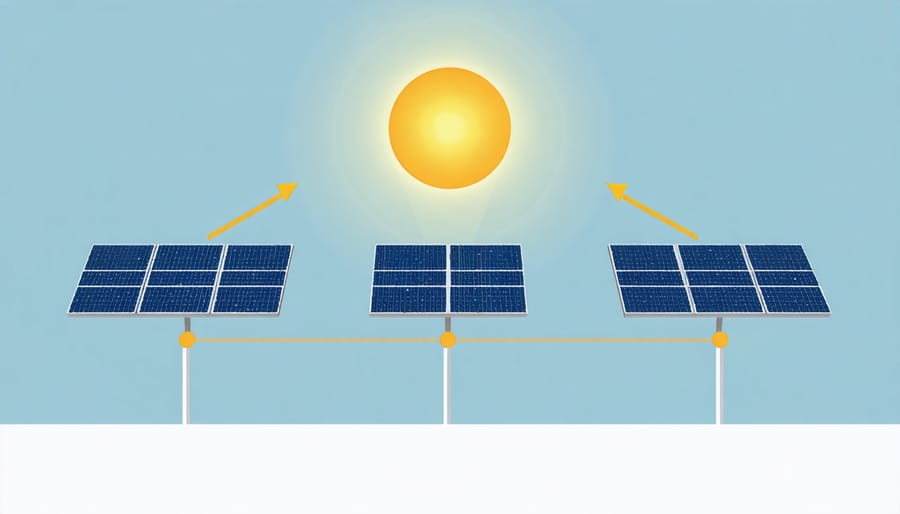 Technical illustration of solar panel positioning angles and sun path for maximum efficiency