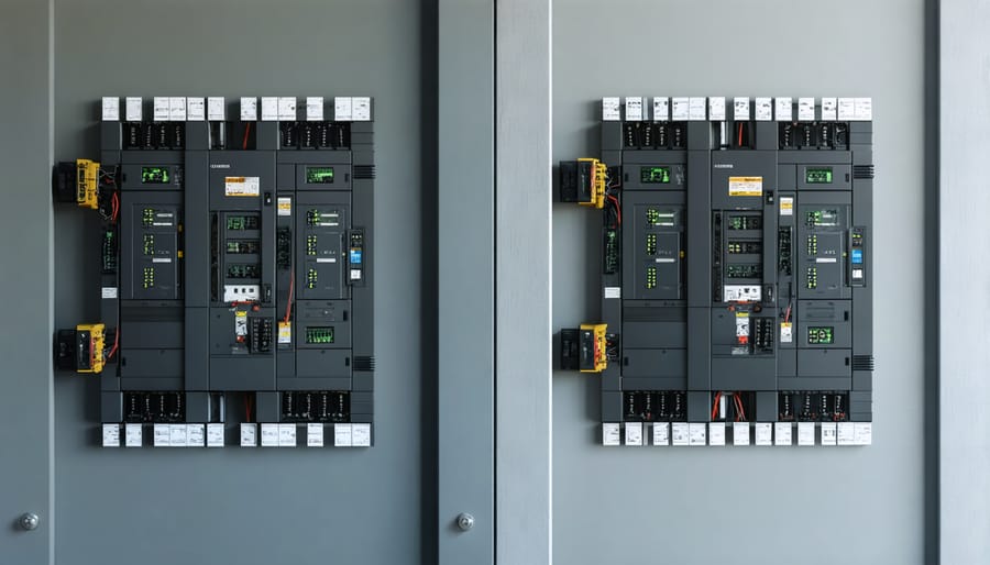 Comparison showing outdated electrical panel next to modern solar-ready panel installation