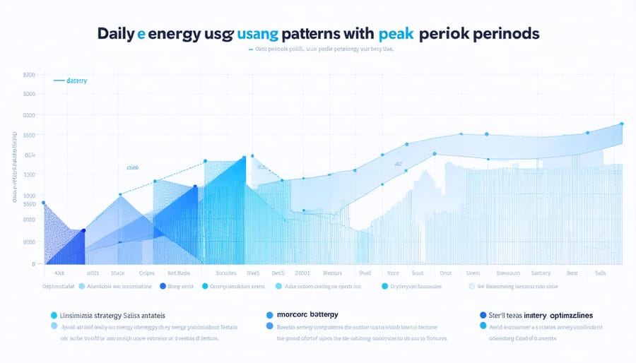 Chart displaying 24-hour energy consumption pattern with peak usage periods and battery discharge optimization