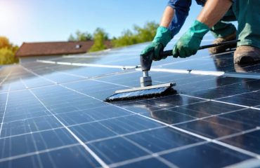 A worker cleaning residential solar panels on a rooftop with professional cleaning tools, showcasing the importance of regular maintenance for optimal efficiency.