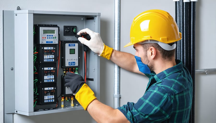 Certified technician installing a residential battery storage system with UL certification visible