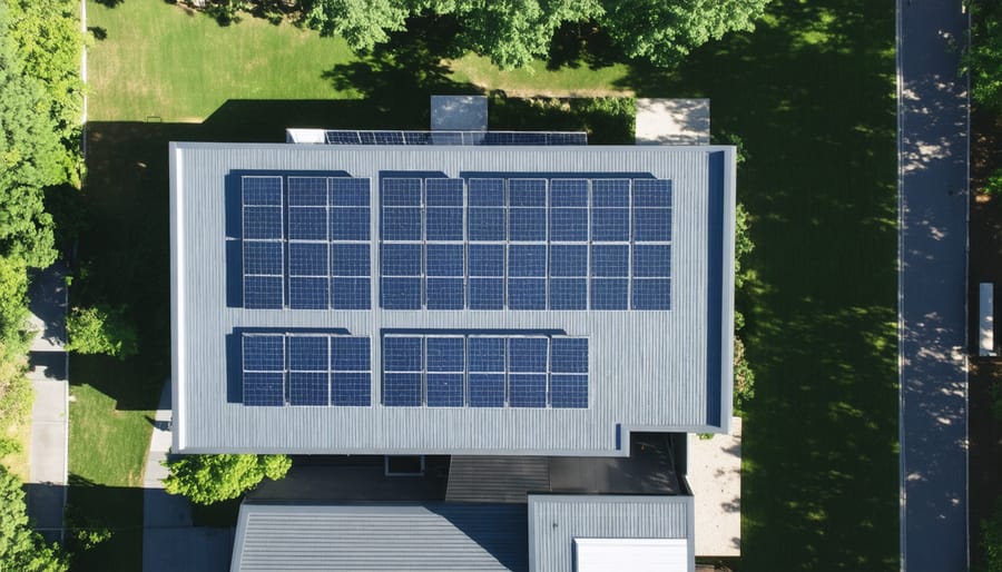 Residential house with professionally installed solar panels covering the south-facing roof