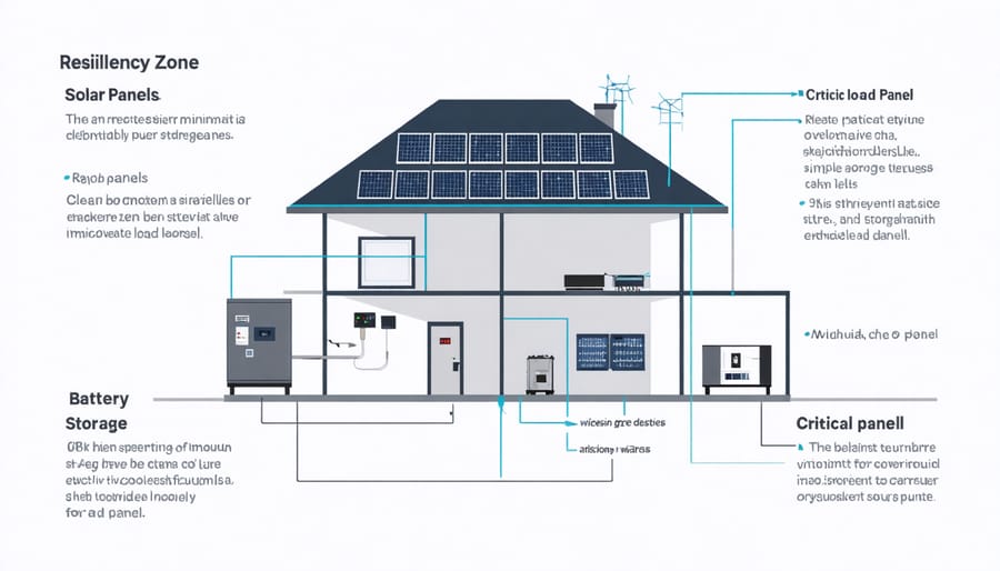 Technical illustration of a home resiliency zone system layout with labeled components