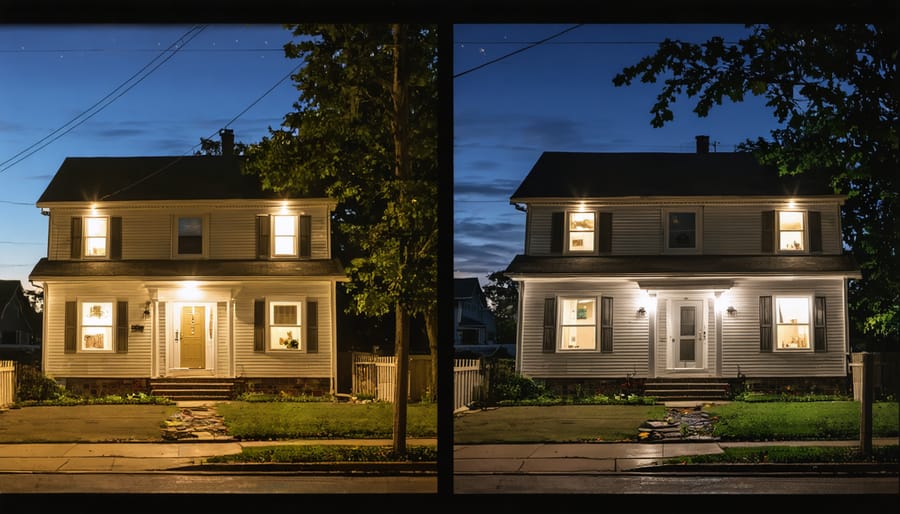 Comparison of a house with functioning resiliency zone staying lit while surrounding homes are dark during power outage