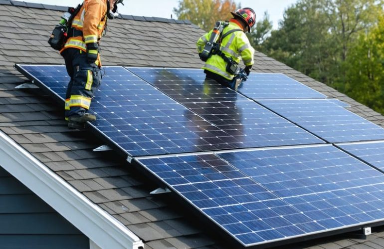 Firefighters carefully working around residential solar panels during emergency operations, illustrating the importance of safety protocols in solar installations.