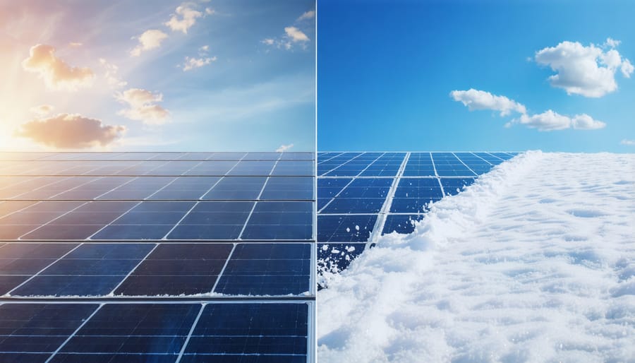 Seasonal maintenance comparison showing summer cleaning and winter snow removal on solar panels