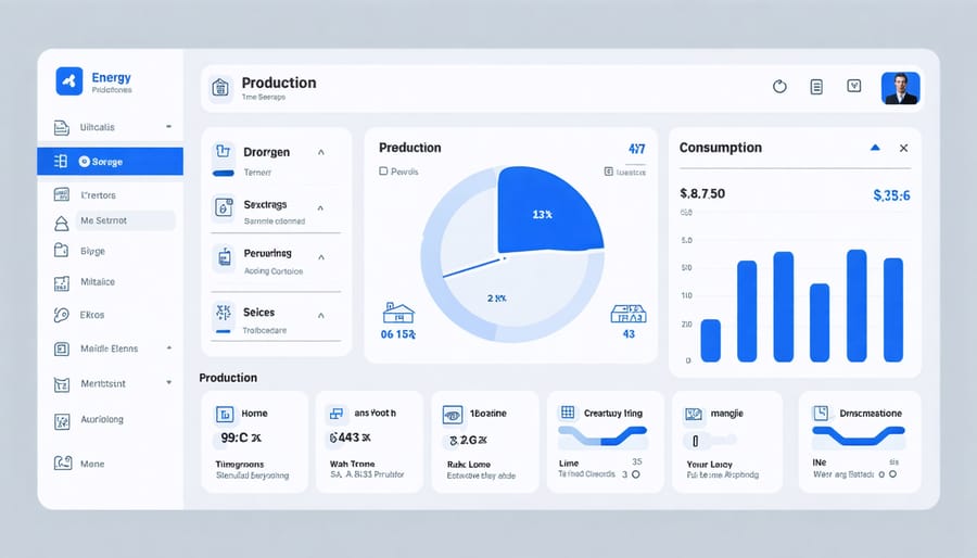 Digital interface displaying solar microgrid system performance and energy management data