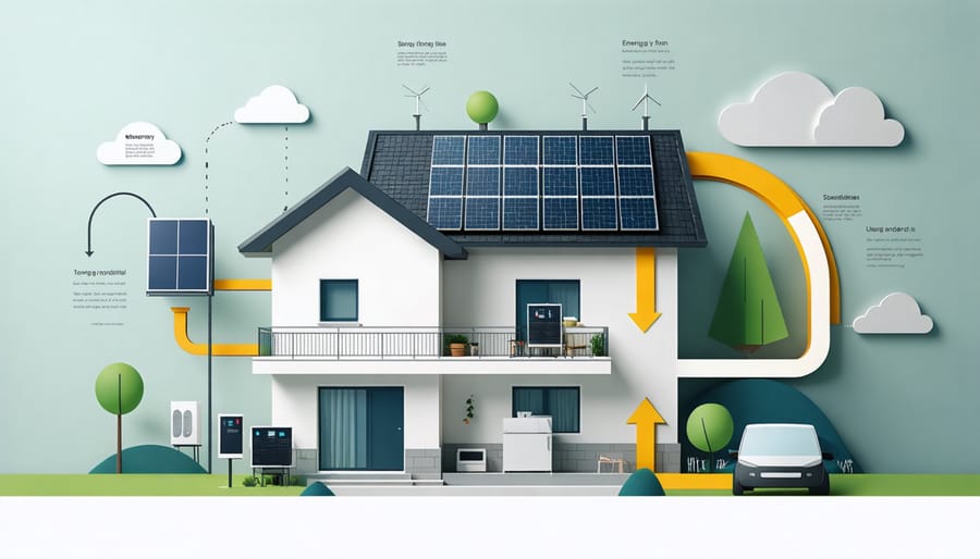 Diagram of smart home energy system showing interconnection between solar panels, battery storage, and power grid