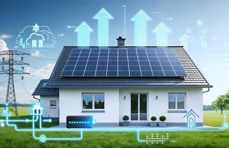 Infographic depicting a modern home equipped with solar panels and battery storage, connected to a smart grid with arrows indicating energy flow, symbolizing efficient energy management and smart grid integration.