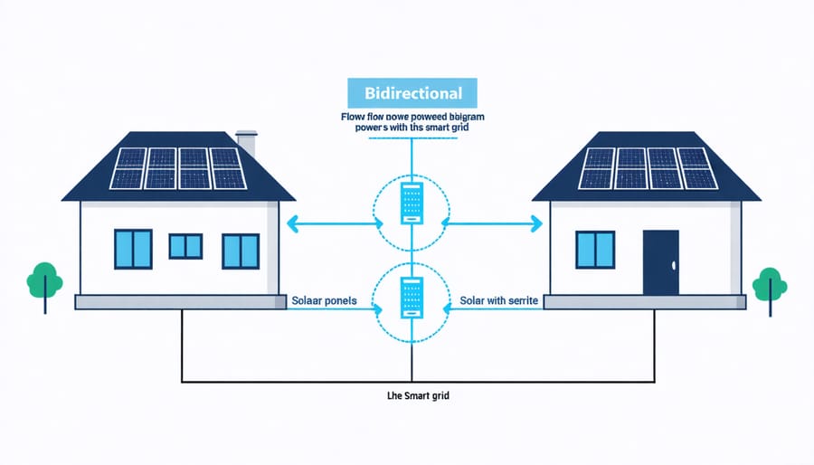 Illustration of two-way energy flow between a solar-powered home and the electrical grid with data indicators