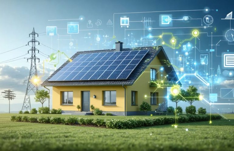 Conceptual illustration of a home with solar panels connected to a smart grid, showcasing two-way energy flow and advanced real-time energy management features.