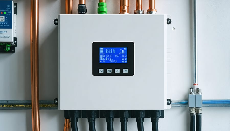 Modern smart inverter and battery management system mounted on wall displaying energy statistics