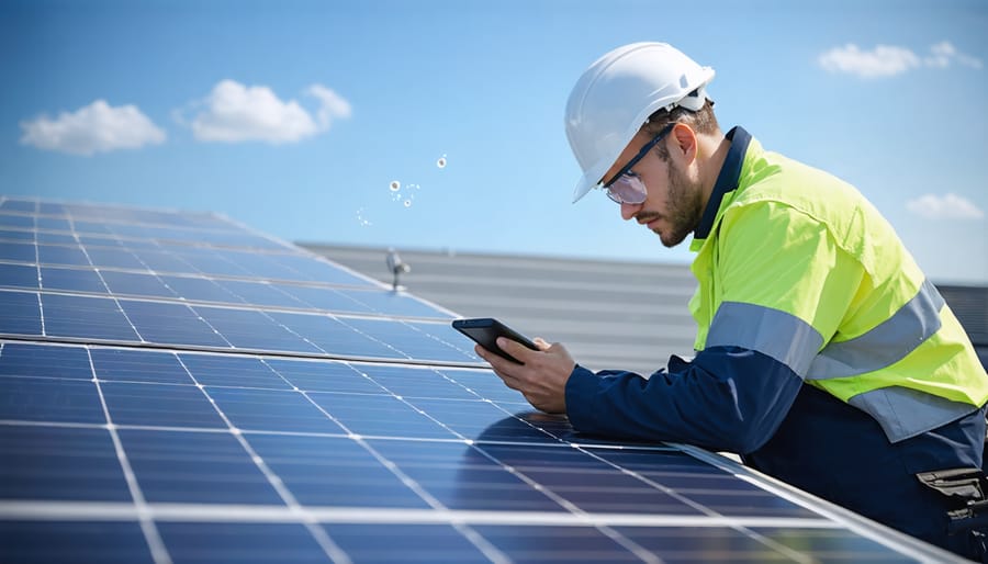 Solar technician installing predictive maintenance sensors on residential solar panel array