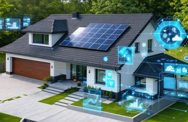 A contemporary home with integrated solar panels and tiles, surrounded by nature, with digital smart technology icons representing energy efficiency and modernization.