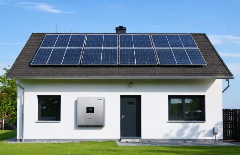 Modern home with solar panels on the roof and a wall-mounted battery storage system, symbolizing energy independence and sustainability.