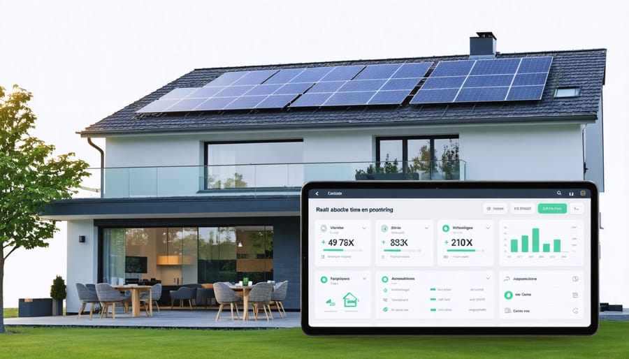 Smart home with solar panels displaying energy monitoring interface on a tablet device