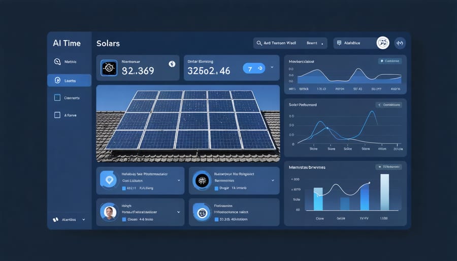 Smart monitoring dashboard displaying solar panel performance data and predictive maintenance alerts