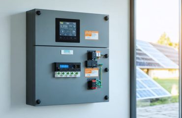 Modern smart electrical panel integrated with a home's solar system, showcasing solar-ready components and advanced monitoring features in a sustainable energy setting.