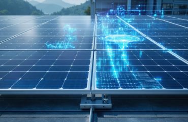 Illustration showing the transformation from traditional to AI-powered predictive maintenance for solar panels, with digital analytics overlay highlighting system efficiency.