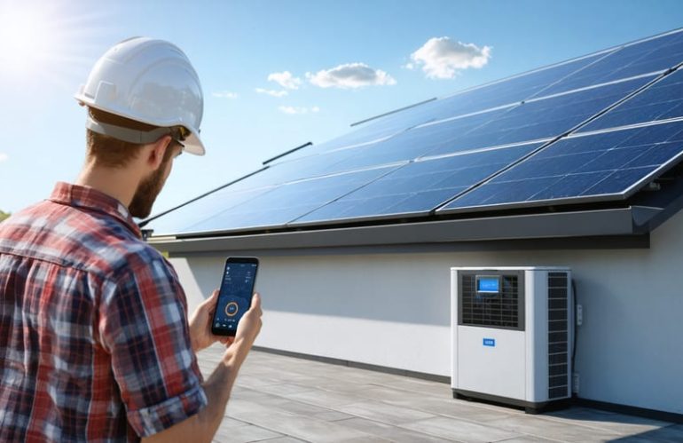 A modern solar panel installation featuring a battery storage unit and smart monitoring system depicted with a homeowner checking energy data on a smartphone under sunny skies.