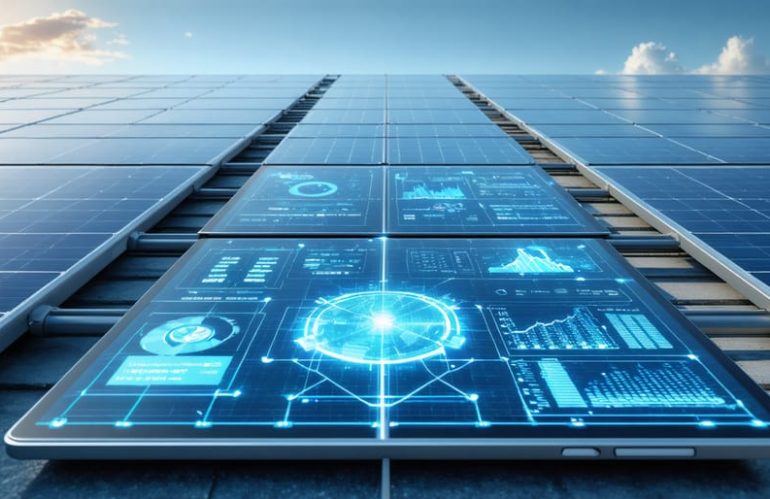 Illustration of a rooftop with solar panels and digital interfaces depicting real-time energy production data and system diagnostics for smart monitoring.