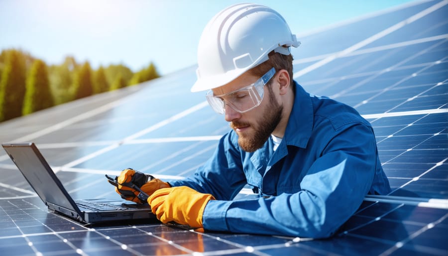 Solar technician using monitoring devices to audit rooftop solar panel performance