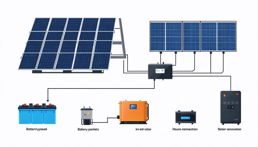 Technical diagram illustrating how solar panels connect to batteries and home electrical systems