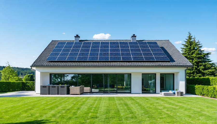 Residential solar panels on roof with battery storage unit mounted on exterior wall