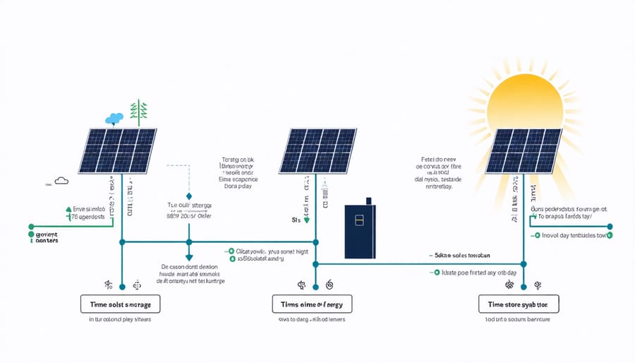 Diagram illustrating how solar energy is stored and used throughout day and night cycles