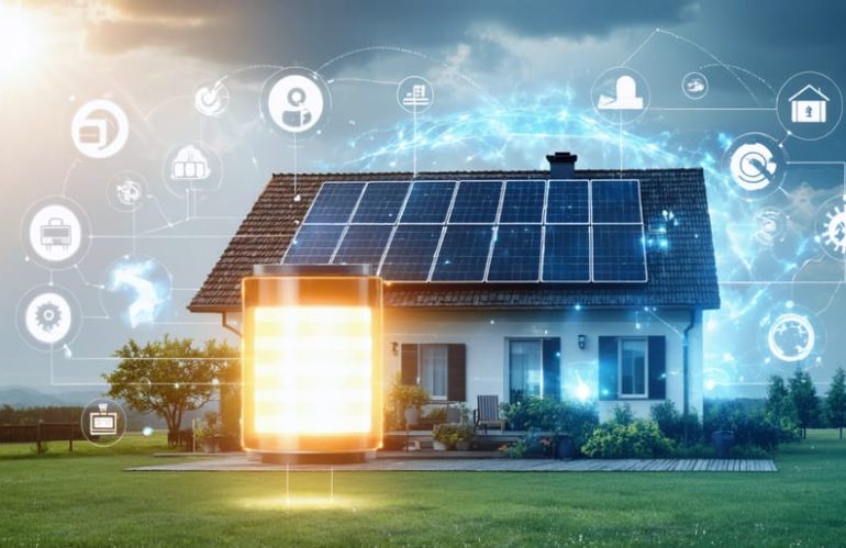 A conceptual illustration showing a solar-powered home with a central battery storage unit surrounded by icons for safety and insurance coverage, demonstrating the importance of qualified battery storage systems.