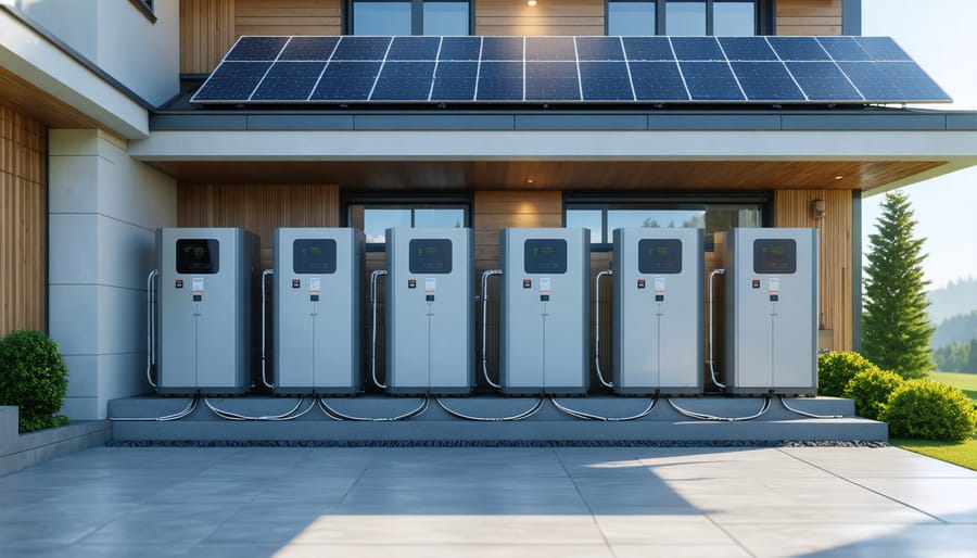 Residential solar battery storage system showing inverter and battery units mounted on wall