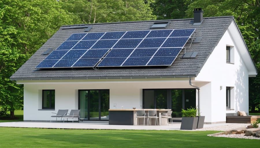 Residential solar panel system with visible battery storage unit and smart monitoring display