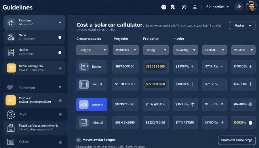 User interface of a solar panel cost calculator displaying financial metrics and ROI calculations