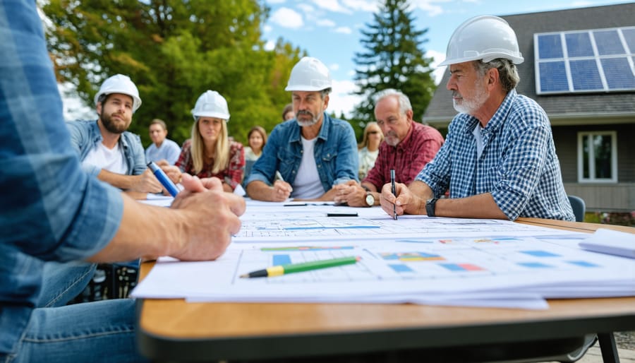 Local community members and solar project developers discussing plans around a table with maps and diagrams