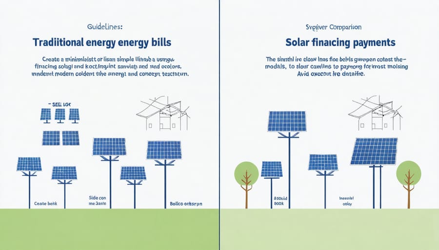 Chart comparing monthly energy costs: traditional utility bills versus solar financing payments with projected savings