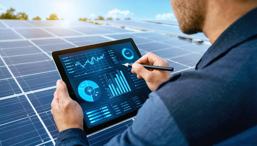 Professional solar technician reviewing diagnostic reports on a tablet while inspecting solar panels