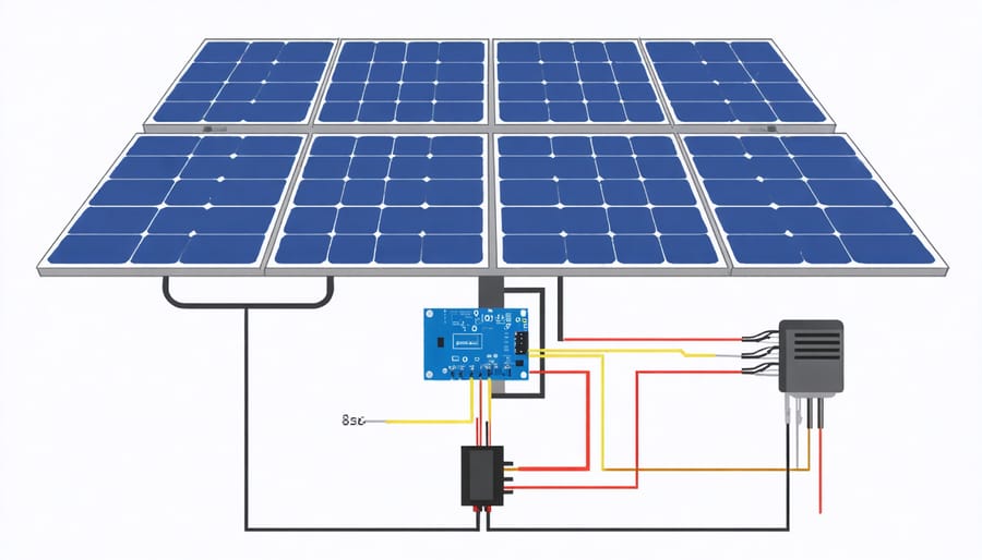 Technical illustration of solar panel electrical safety components and grounding system