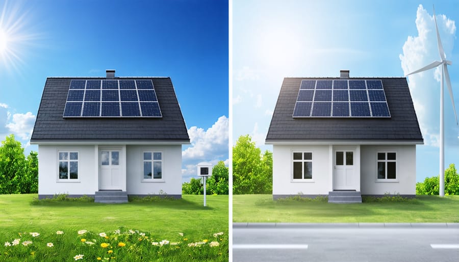 Comparison of solar-powered home with lights on next to dark houses during blackout