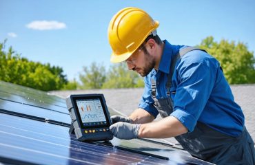 A professional solar technician equipped with monitoring devices conducting a detailed inspection of a home's rooftop solar panels, symbolizing the assessment process during a solar energy audit.