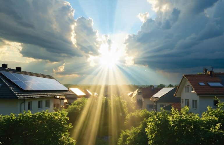 "Illustration of solar-powered neighborhood with sunlit rooftops and lush greenery, highlighting solar energy's extensive environmental benefits beyond cost savings."