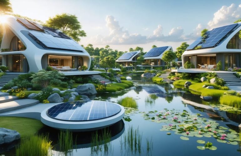 A modern neighborhood showcasing homes equipped with advanced solar technologies like solar tiles, transparent windows, bifacial panels, and floating solar systems, illustrating the future of residential sustainable energy.