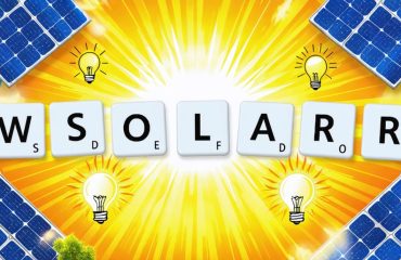 Colorful illustration of a solar-themed word game with puzzle elements, solar panels, and sun imagery, symbolizing the interactive learning experience.