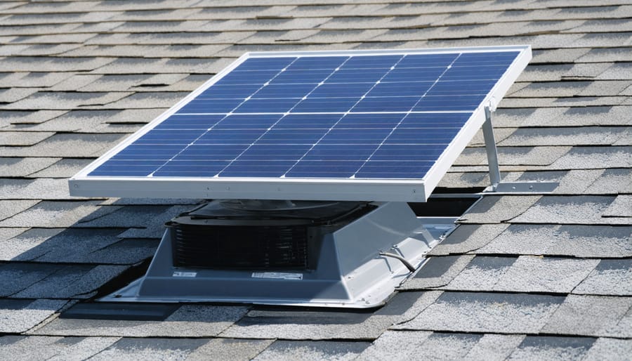 Installation process of a solar attic fan showing mounting, wiring, and final positioning