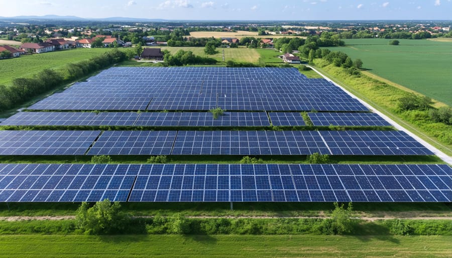 Aerial photograph showing a solar farm installation with green buffer zones separating it from nearby homes