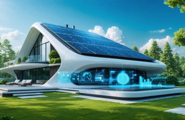 A modern home with advanced solar panels on the roof, complemented by a digital energy meter display highlighting energy independence metrics, set in a green, environmentally-conscious landscape.