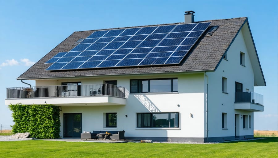 Residential house featuring solar panels with a smart energy monitoring display showing energy independence metrics