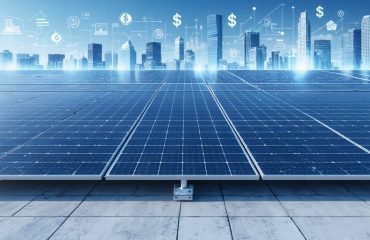 Conceptual illustration of a solar panel array on a commercial rooftop with financial symbols depicting investment and cost-saving benefits.