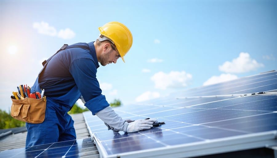 Professional insurance adjuster examining residential solar panel installation