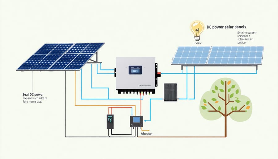 Technical illustration of DC to AC power conversion process in solar inverters