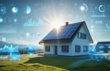 Illustrated landscape of a house with digital interfaces for solar panel cost analysis, showcasing graphs and financial metrics under bright sunlight, highlighting solar investment benefits.